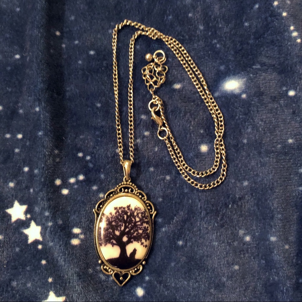 Witchy Cat and Tree Pendant Necklace